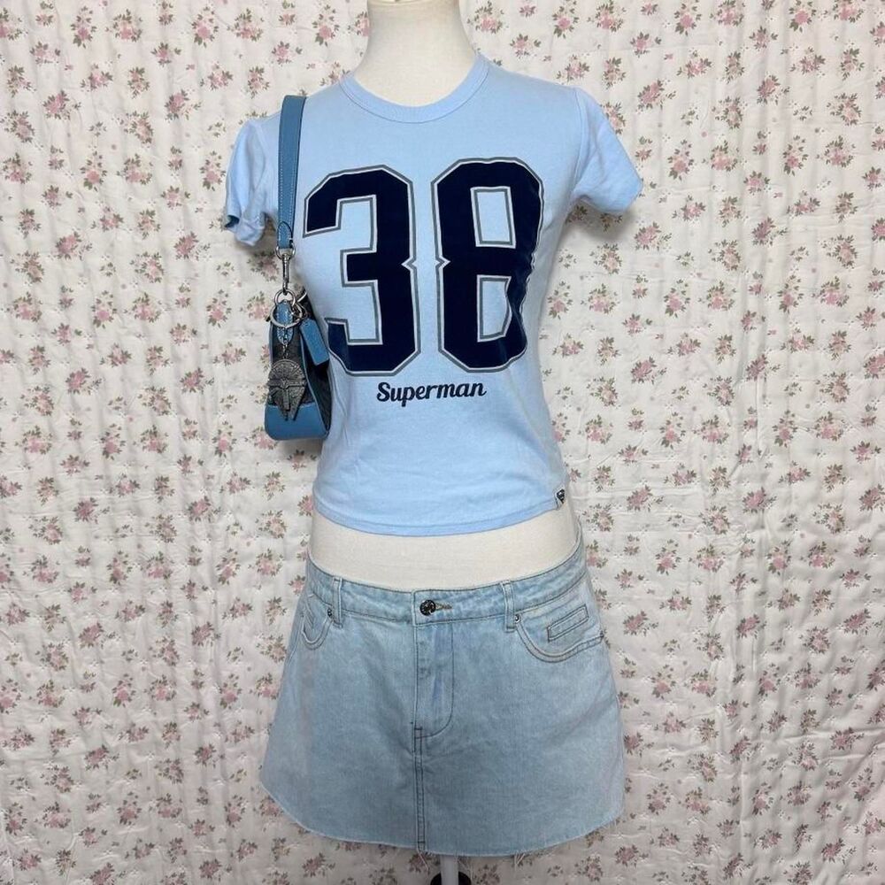 Y2K Style Light Blue Superman Baby Tee Velvet Graphic Stretchy Women’s XS